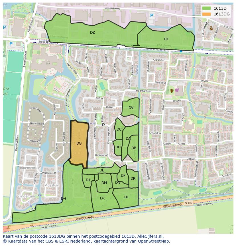 Afbeelding van het postcodegebied 1613 DG op de kaart.