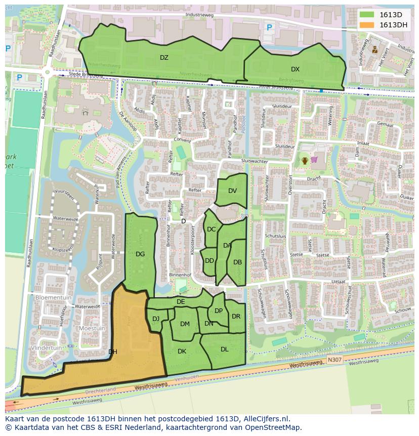 Afbeelding van het postcodegebied 1613 DH op de kaart.