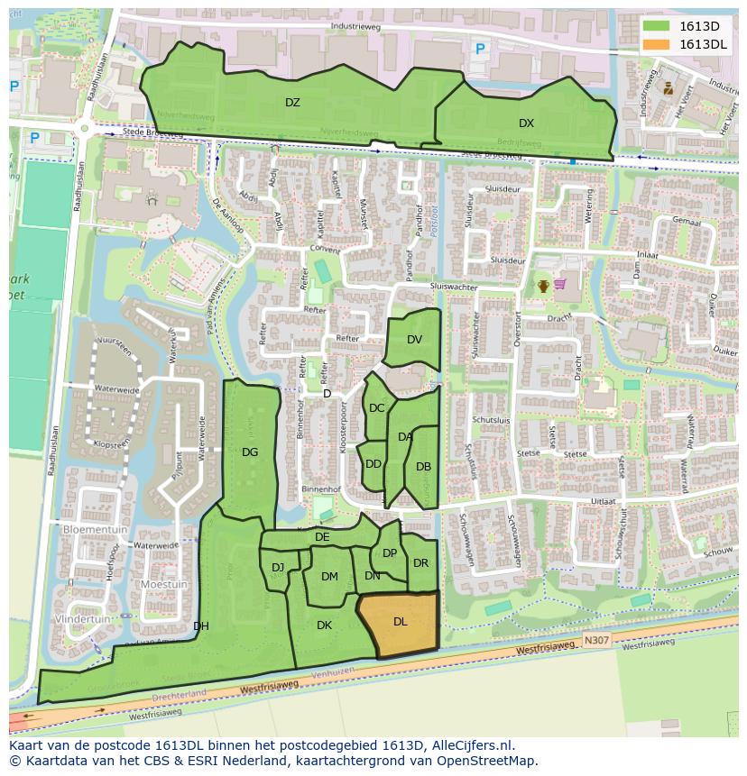 Afbeelding van het postcodegebied 1613 DL op de kaart.