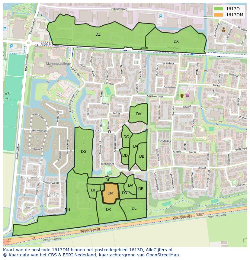 Afbeelding van het postcodegebied 1613 DM op de kaart.