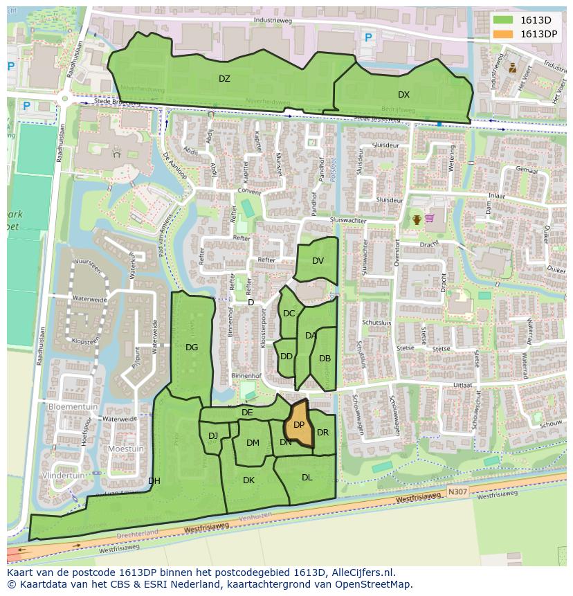 Afbeelding van het postcodegebied 1613 DP op de kaart.