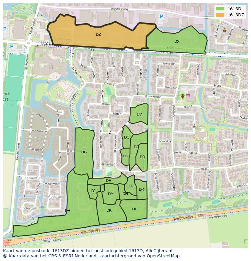Afbeelding van het postcodegebied 1613 DZ op de kaart.