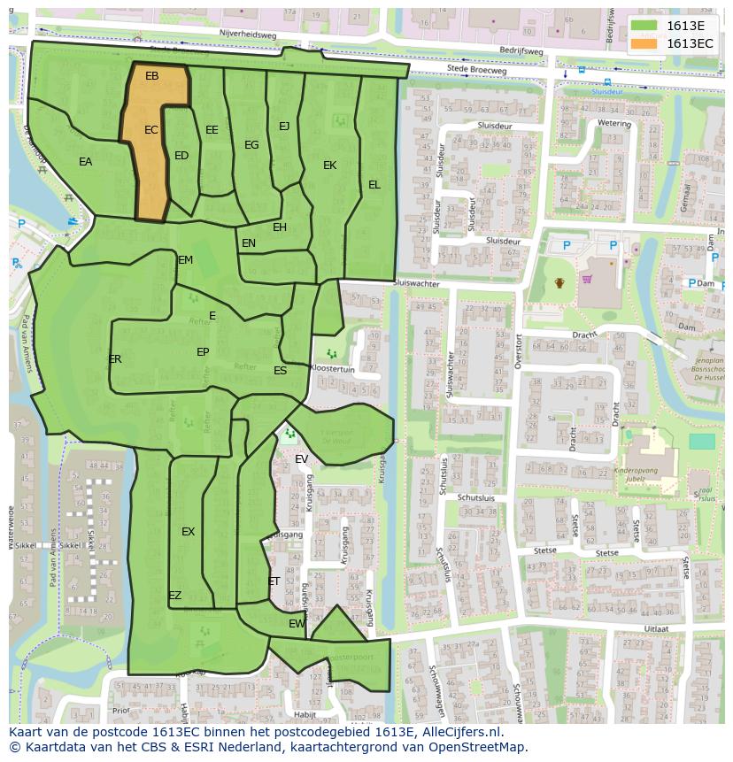 Afbeelding van het postcodegebied 1613 EC op de kaart.
