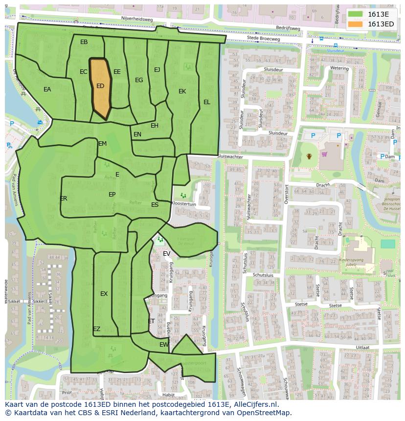 Afbeelding van het postcodegebied 1613 ED op de kaart.