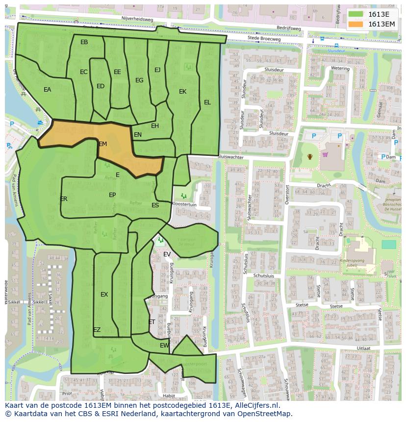 Afbeelding van het postcodegebied 1613 EM op de kaart.