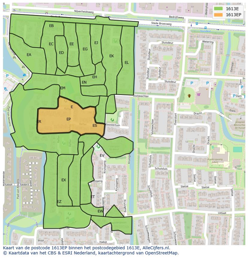 Afbeelding van het postcodegebied 1613 EP op de kaart.