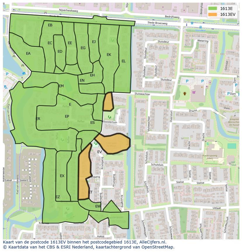 Afbeelding van het postcodegebied 1613 EV op de kaart.