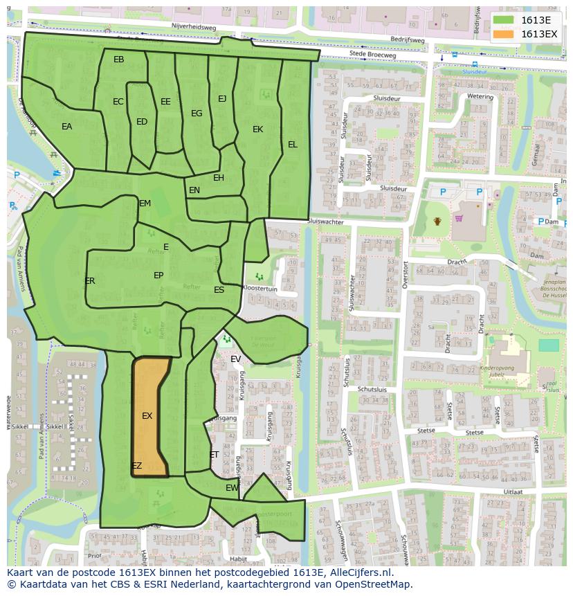 Afbeelding van het postcodegebied 1613 EX op de kaart.