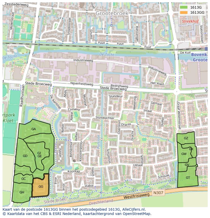Afbeelding van het postcodegebied 1613 GG op de kaart.