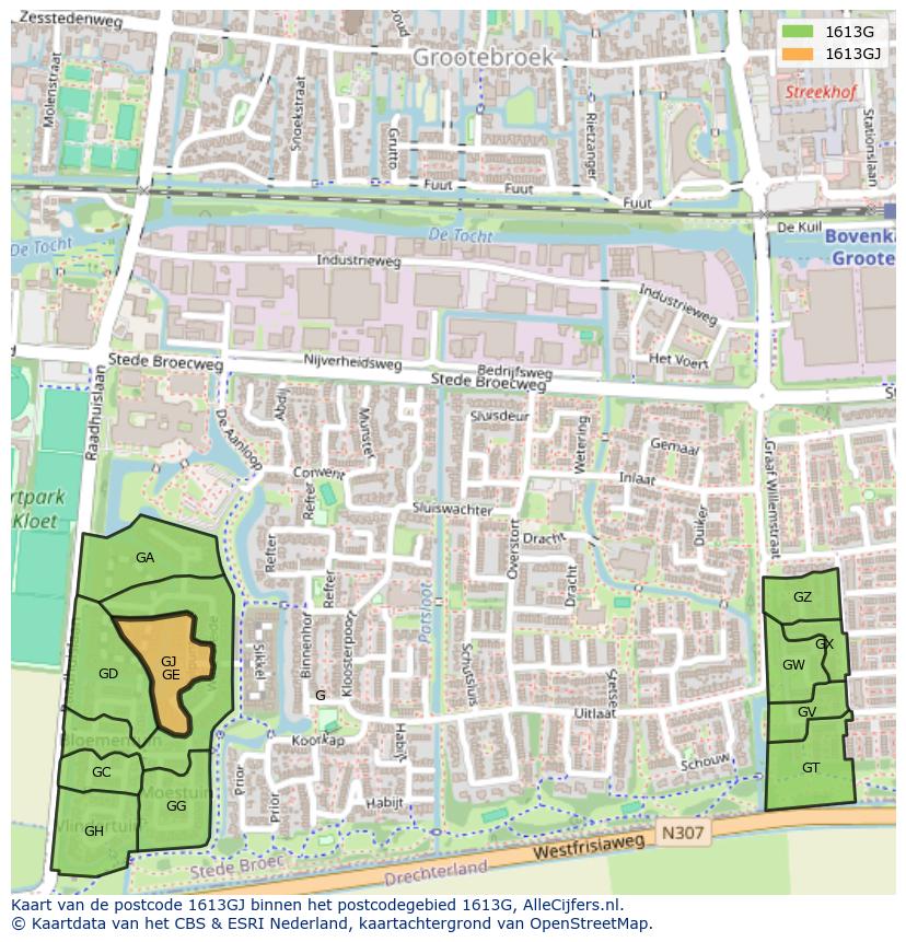 Afbeelding van het postcodegebied 1613 GJ op de kaart.