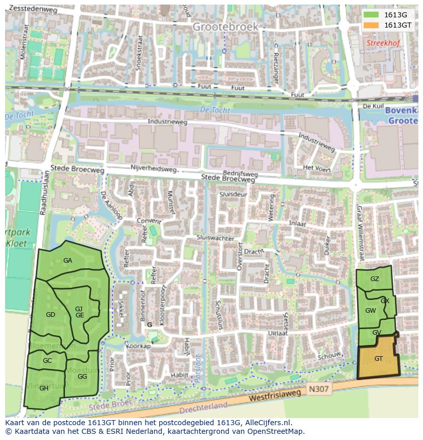 Afbeelding van het postcodegebied 1613 GT op de kaart.