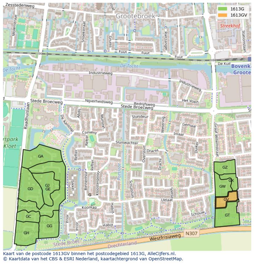 Afbeelding van het postcodegebied 1613 GV op de kaart.