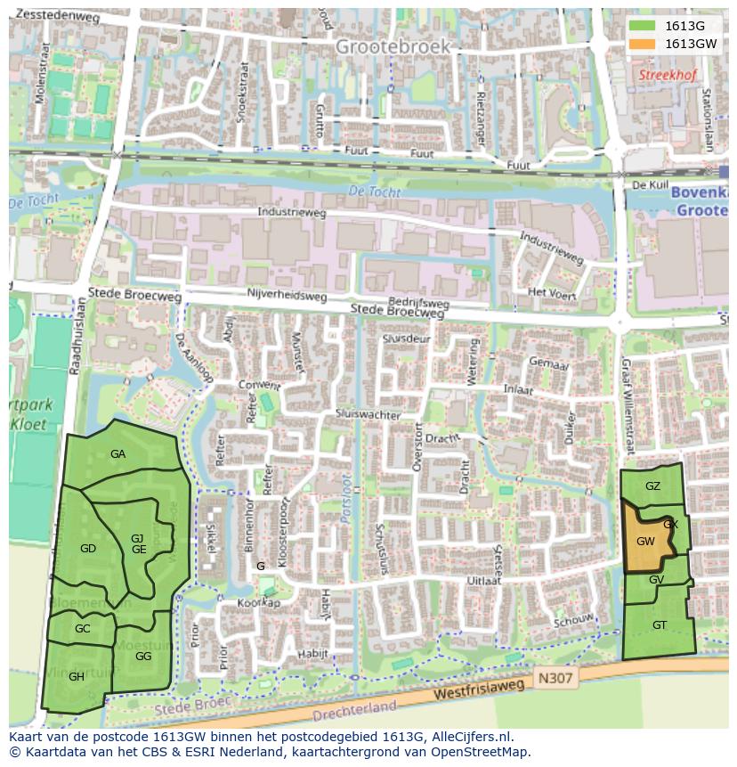 Afbeelding van het postcodegebied 1613 GW op de kaart.