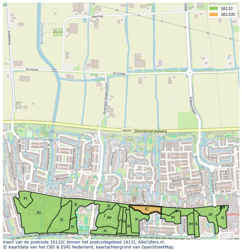 Afbeelding van het postcodegebied 1613 JC op de kaart.