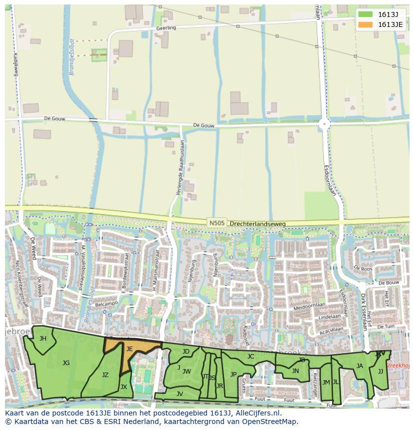 Afbeelding van het postcodegebied 1613 JE op de kaart.
