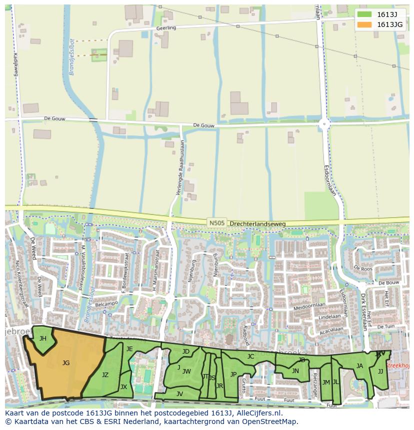 Afbeelding van het postcodegebied 1613 JG op de kaart.