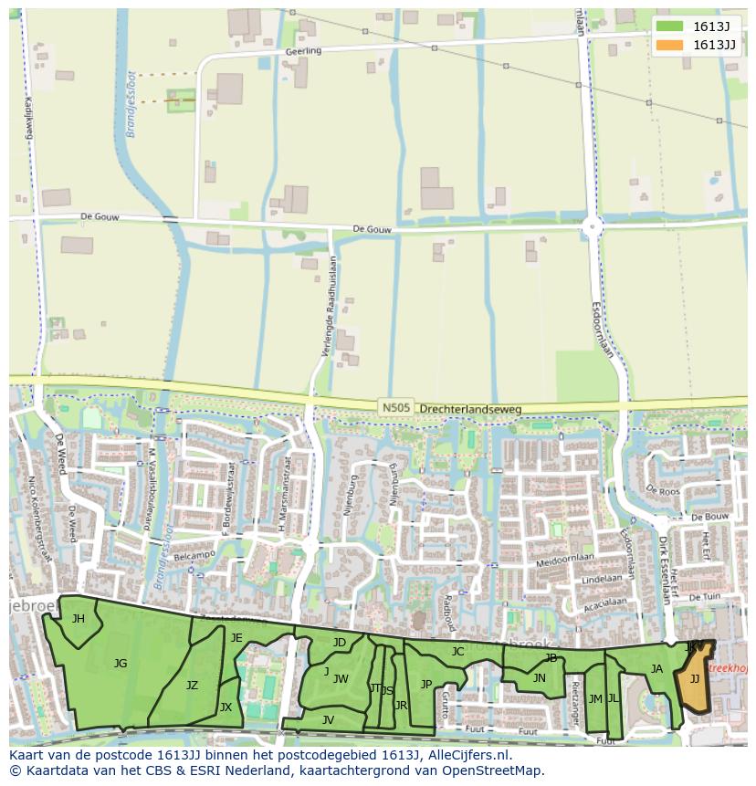 Afbeelding van het postcodegebied 1613 JJ op de kaart.