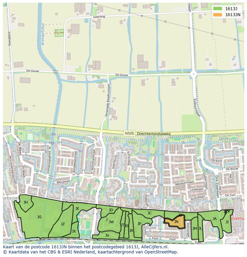 Afbeelding van het postcodegebied 1613 JN op de kaart.