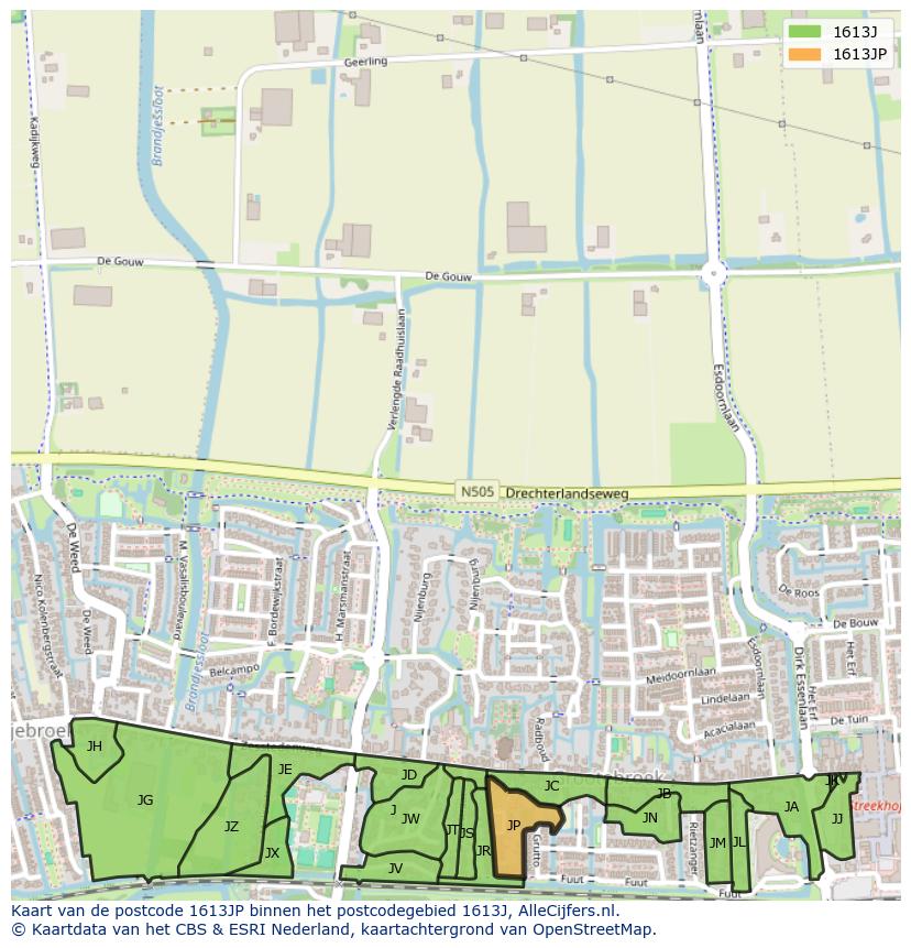 Afbeelding van het postcodegebied 1613 JP op de kaart.
