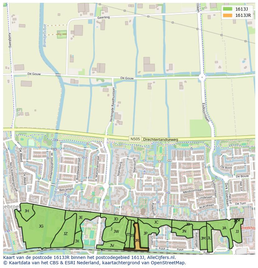 Afbeelding van het postcodegebied 1613 JR op de kaart.