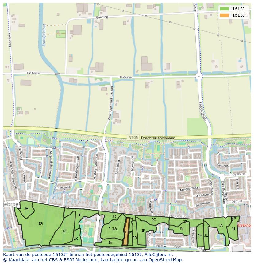 Afbeelding van het postcodegebied 1613 JT op de kaart.