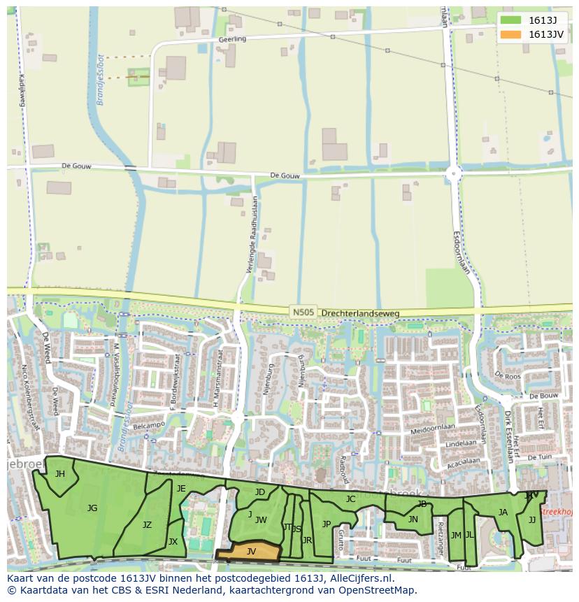Afbeelding van het postcodegebied 1613 JV op de kaart.