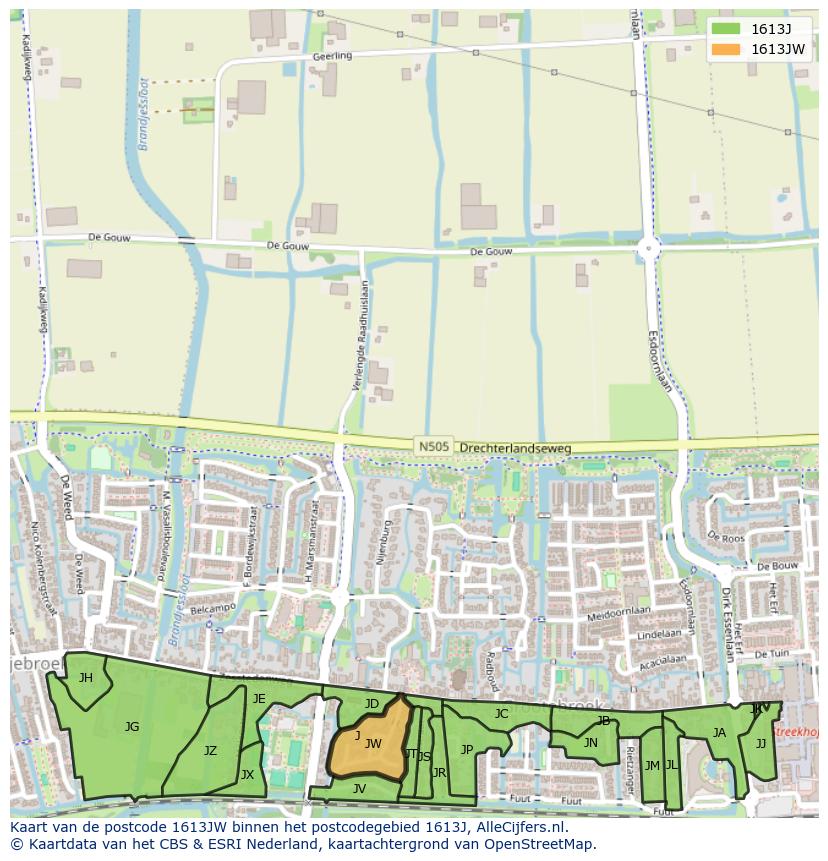 Afbeelding van het postcodegebied 1613 JW op de kaart.