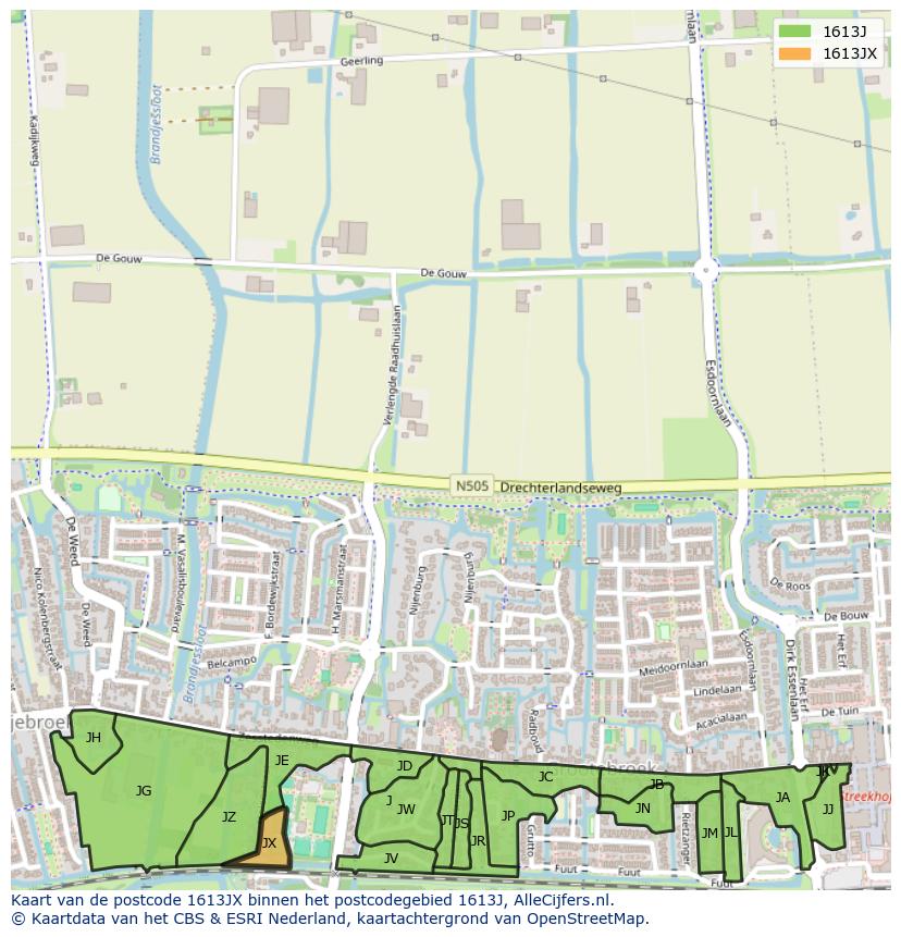 Afbeelding van het postcodegebied 1613 JX op de kaart.