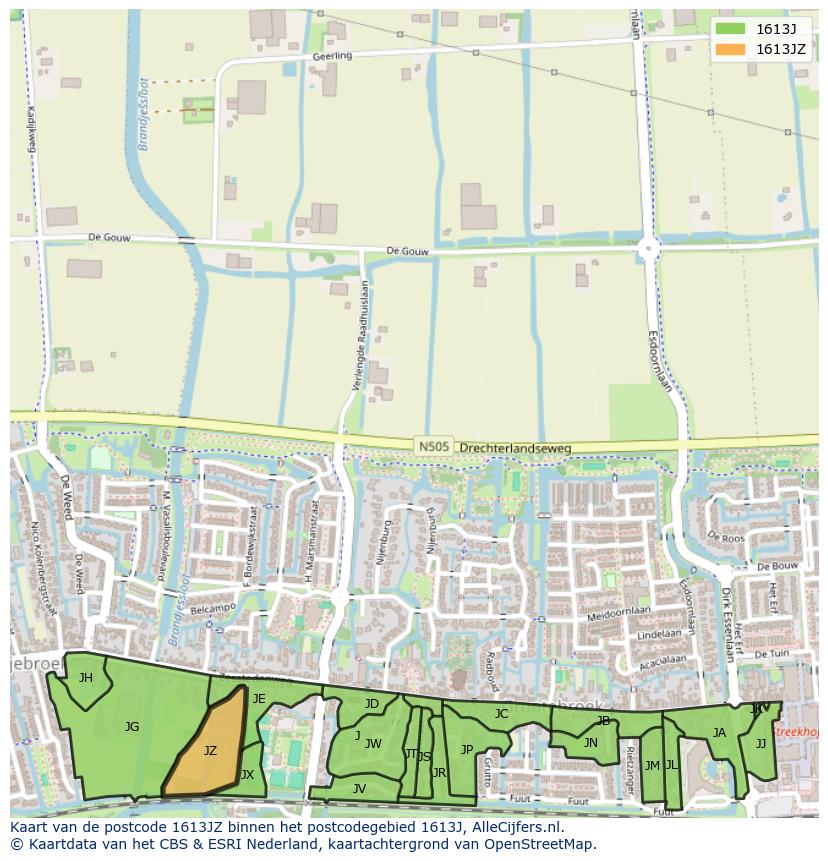 Afbeelding van het postcodegebied 1613 JZ op de kaart.