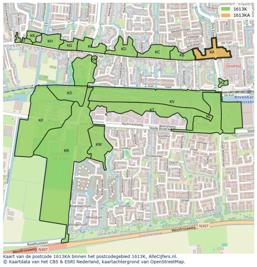 Afbeelding van het postcodegebied 1613 KA op de kaart.