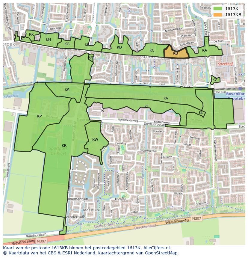Afbeelding van het postcodegebied 1613 KB op de kaart.