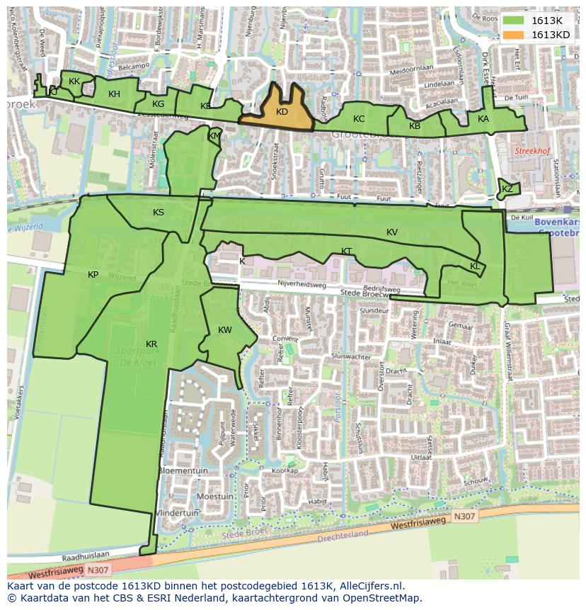 Afbeelding van het postcodegebied 1613 KD op de kaart.