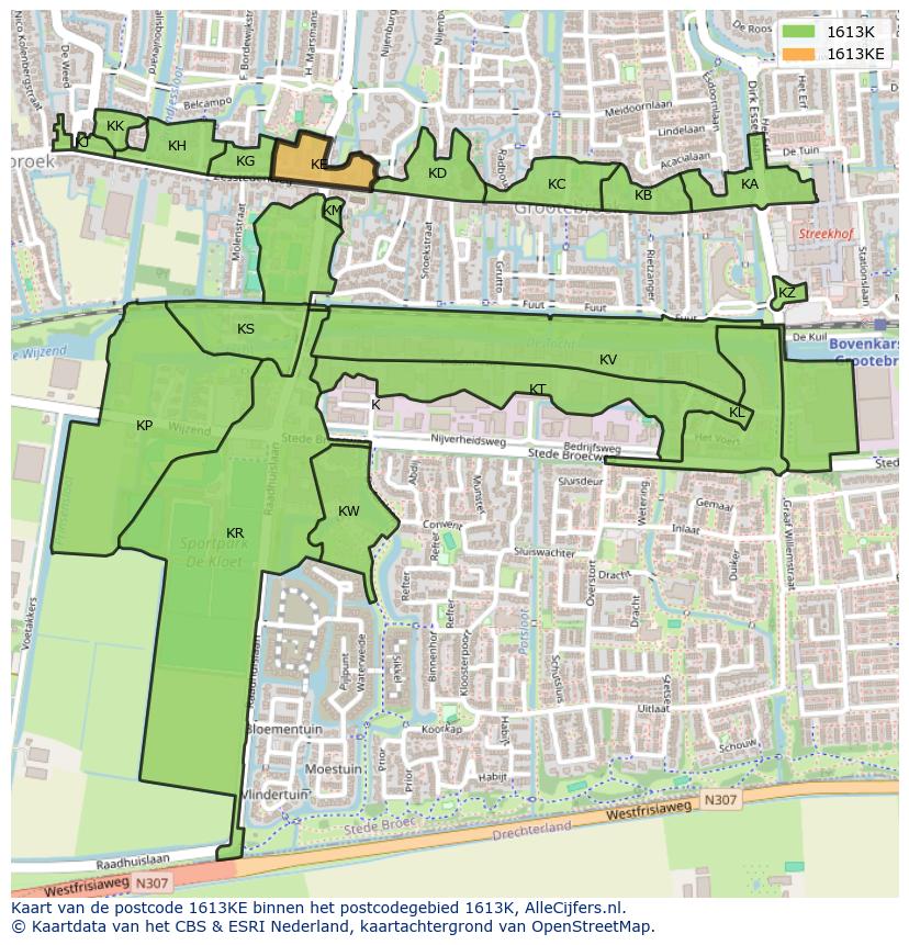 Afbeelding van het postcodegebied 1613 KE op de kaart.