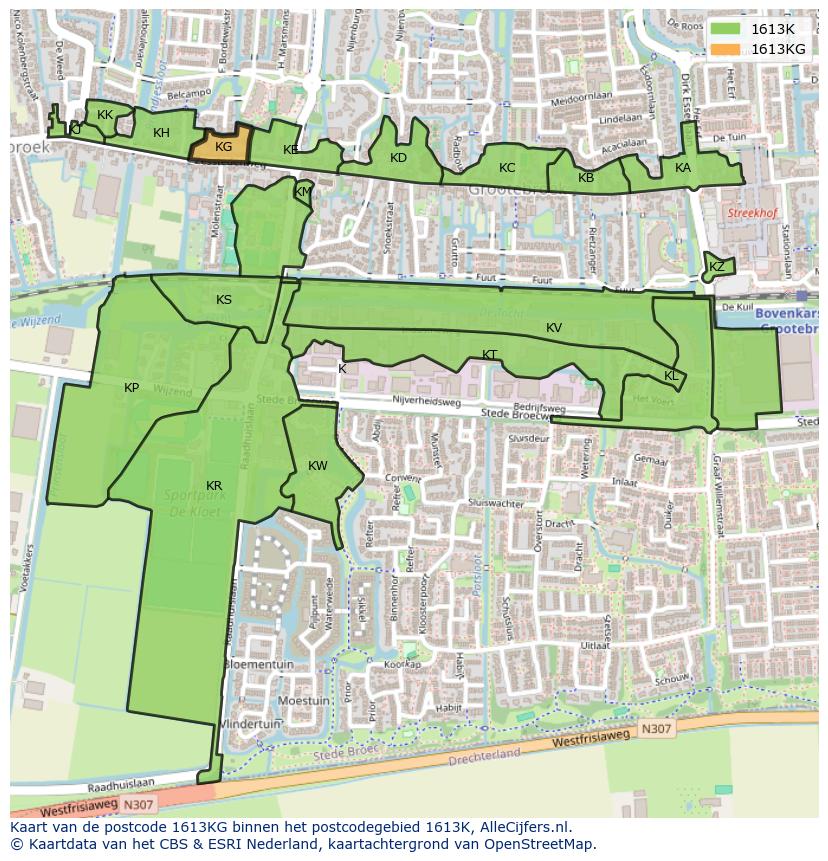 Afbeelding van het postcodegebied 1613 KG op de kaart.