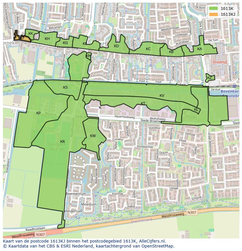 Afbeelding van het postcodegebied 1613 KJ op de kaart.