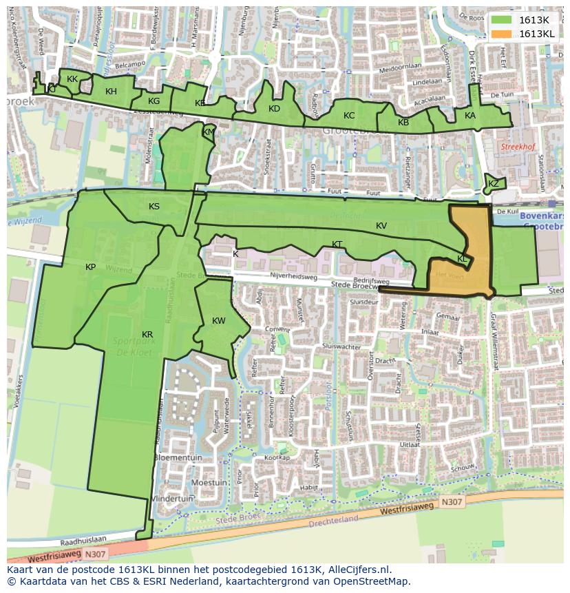 Afbeelding van het postcodegebied 1613 KL op de kaart.