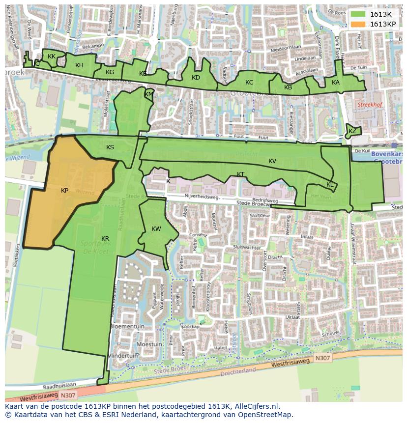 Afbeelding van het postcodegebied 1613 KP op de kaart.
