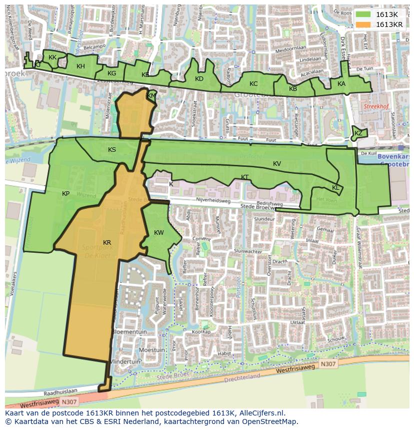 Afbeelding van het postcodegebied 1613 KR op de kaart.