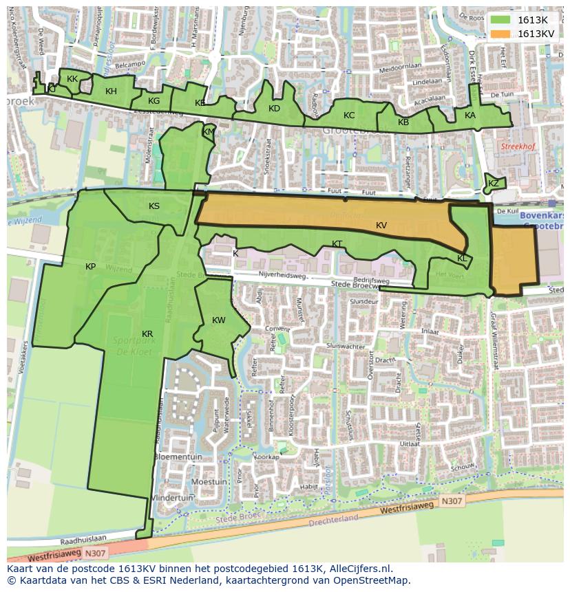Afbeelding van het postcodegebied 1613 KV op de kaart.