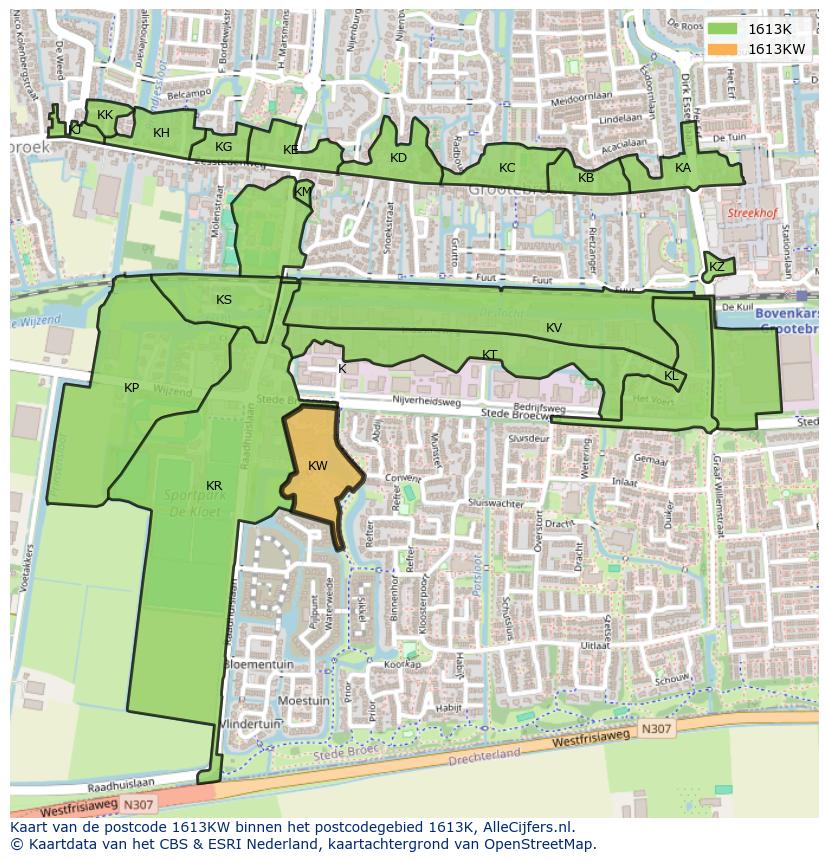 Afbeelding van het postcodegebied 1613 KW op de kaart.
