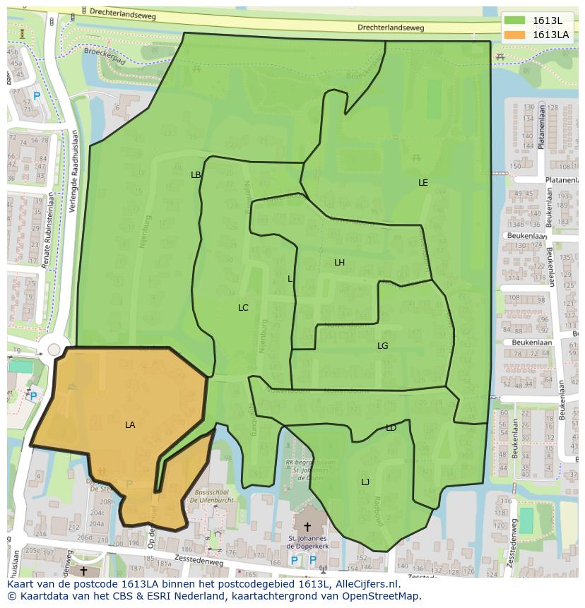 Afbeelding van het postcodegebied 1613 LA op de kaart.