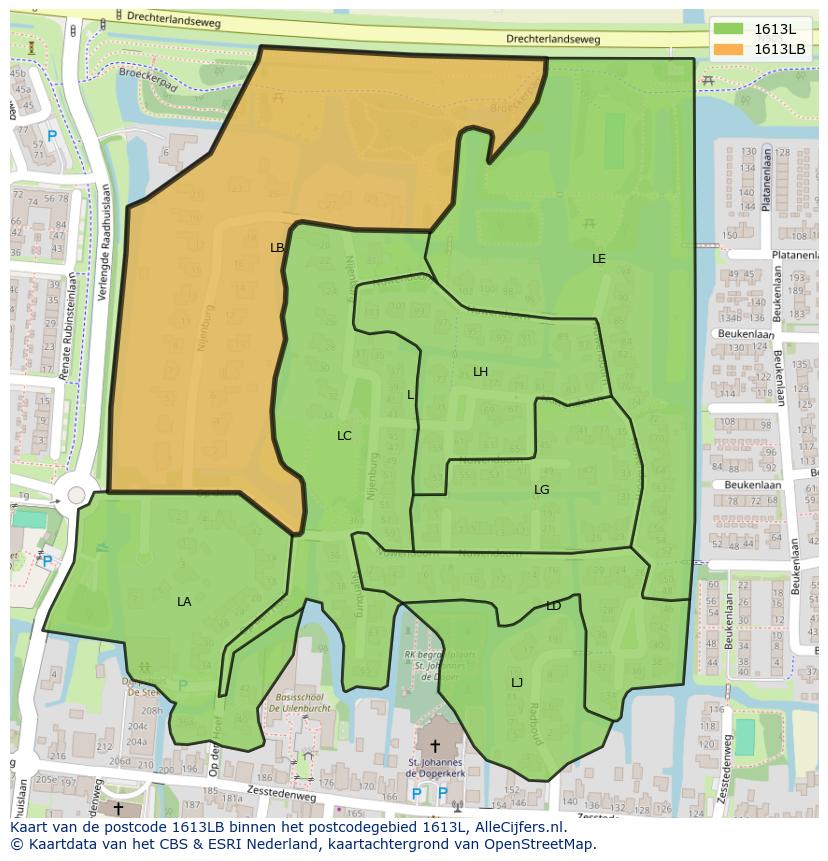 Afbeelding van het postcodegebied 1613 LB op de kaart.