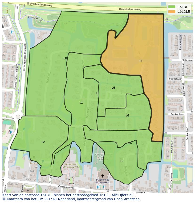 Afbeelding van het postcodegebied 1613 LE op de kaart.