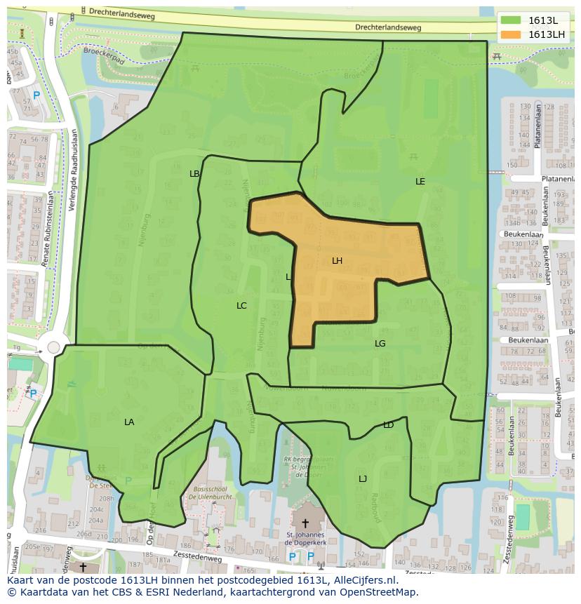 Afbeelding van het postcodegebied 1613 LH op de kaart.