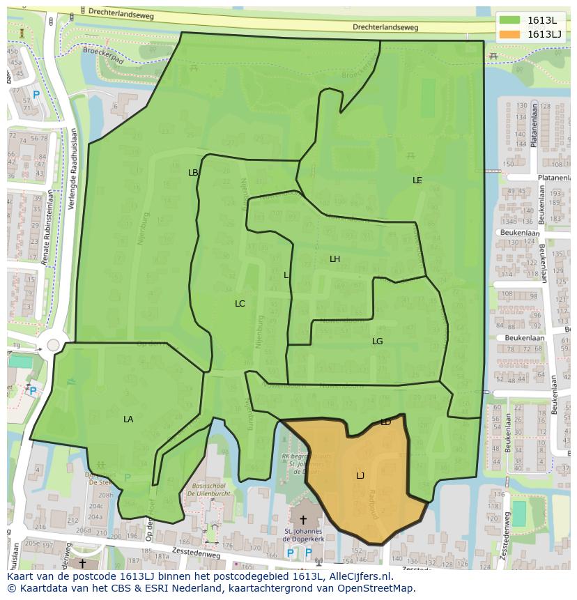 Afbeelding van het postcodegebied 1613 LJ op de kaart.