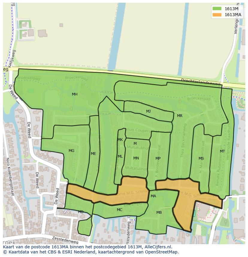 Afbeelding van het postcodegebied 1613 MA op de kaart.