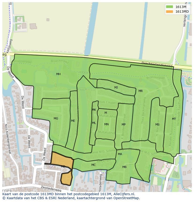 Afbeelding van het postcodegebied 1613 MD op de kaart.