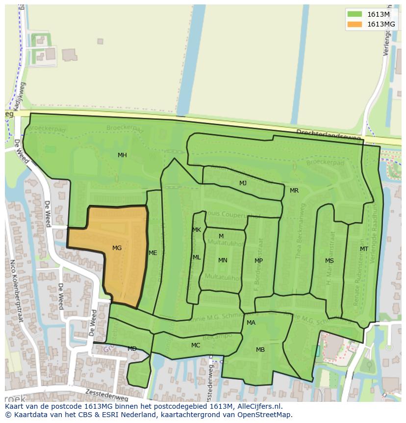 Afbeelding van het postcodegebied 1613 MG op de kaart.