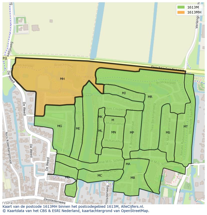 Afbeelding van het postcodegebied 1613 MH op de kaart.