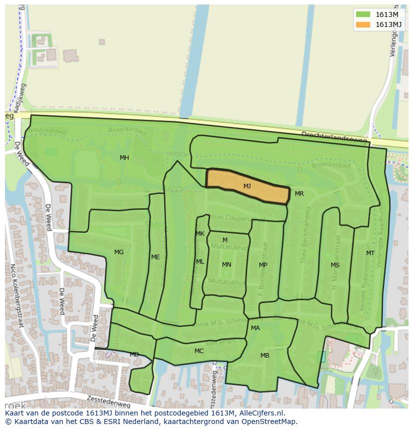 Afbeelding van het postcodegebied 1613 MJ op de kaart.